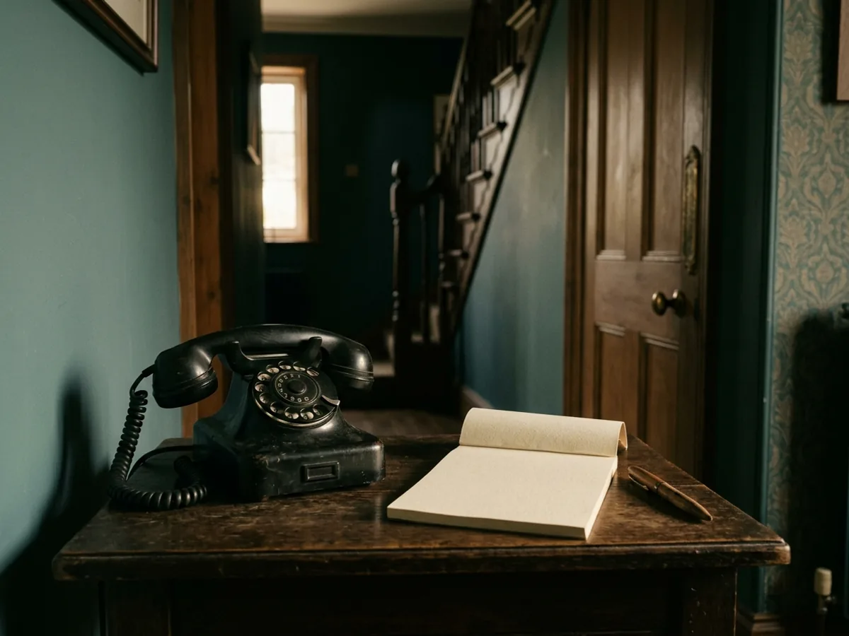 A telephone on a hallway table beside a blank notepad in evening light.