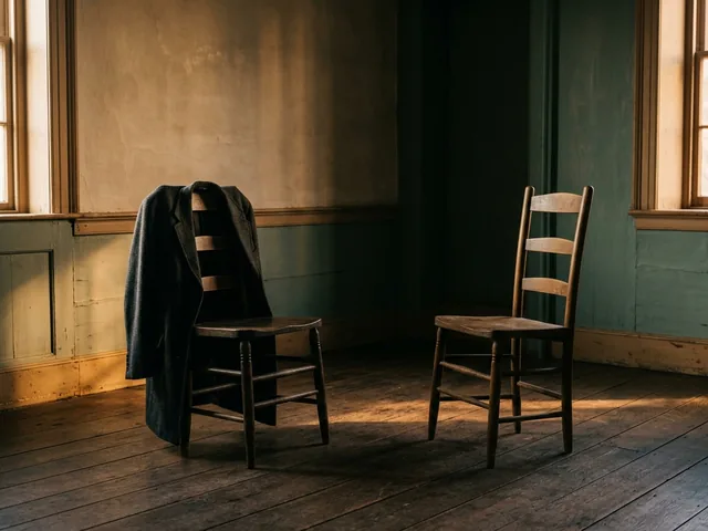 Two plain wooden chairs facing each other in an empty room, a coat left over one of them.