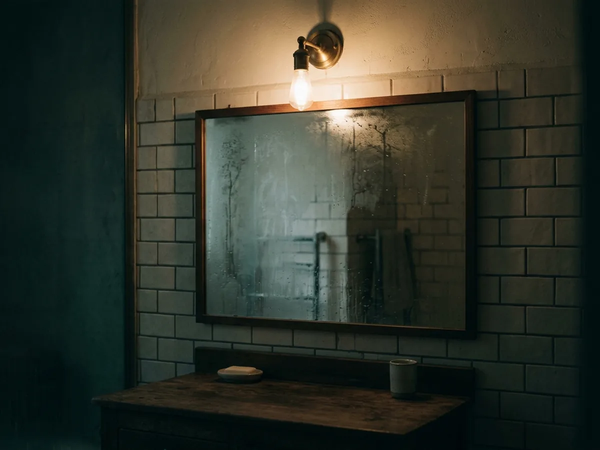 A fogged bathroom mirror in the morning with a single light above it.