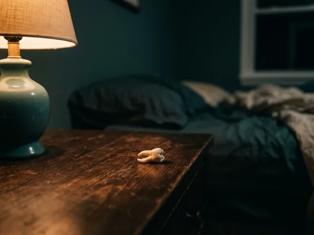 A single tooth on a dark wooden nightstand in warm lamp light.