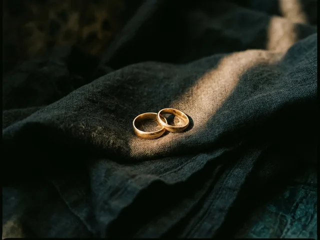 Two plain gold rings resting on dark folded linen in one narrow shaft of warm light.