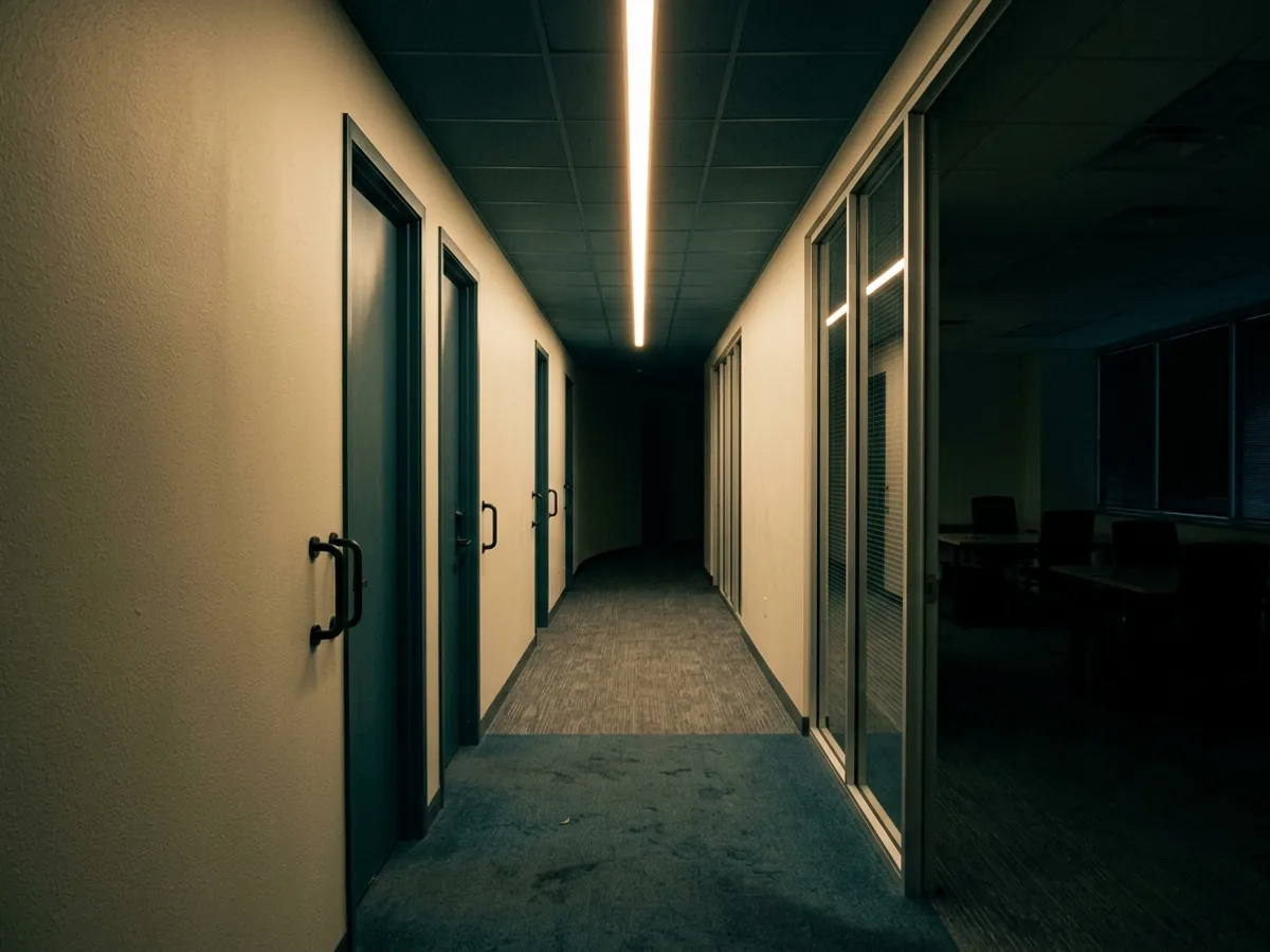 An empty office corridor at night under a single overhead strip light.
