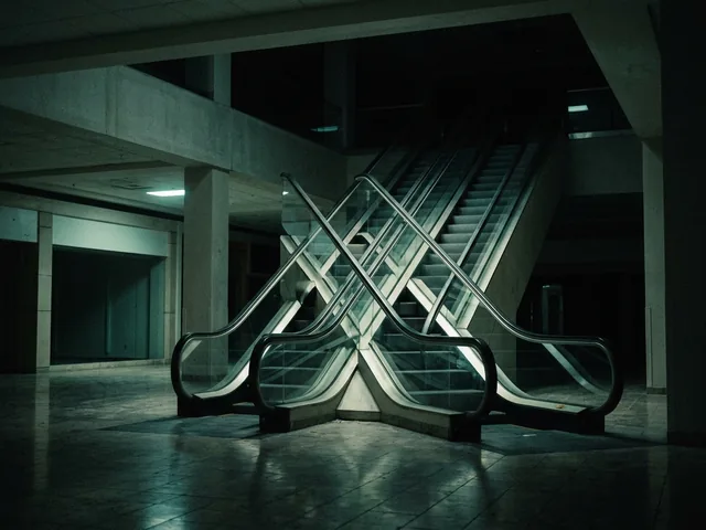 An empty escalator in an unlit shopping arcade at night, lit only by emergency lights.