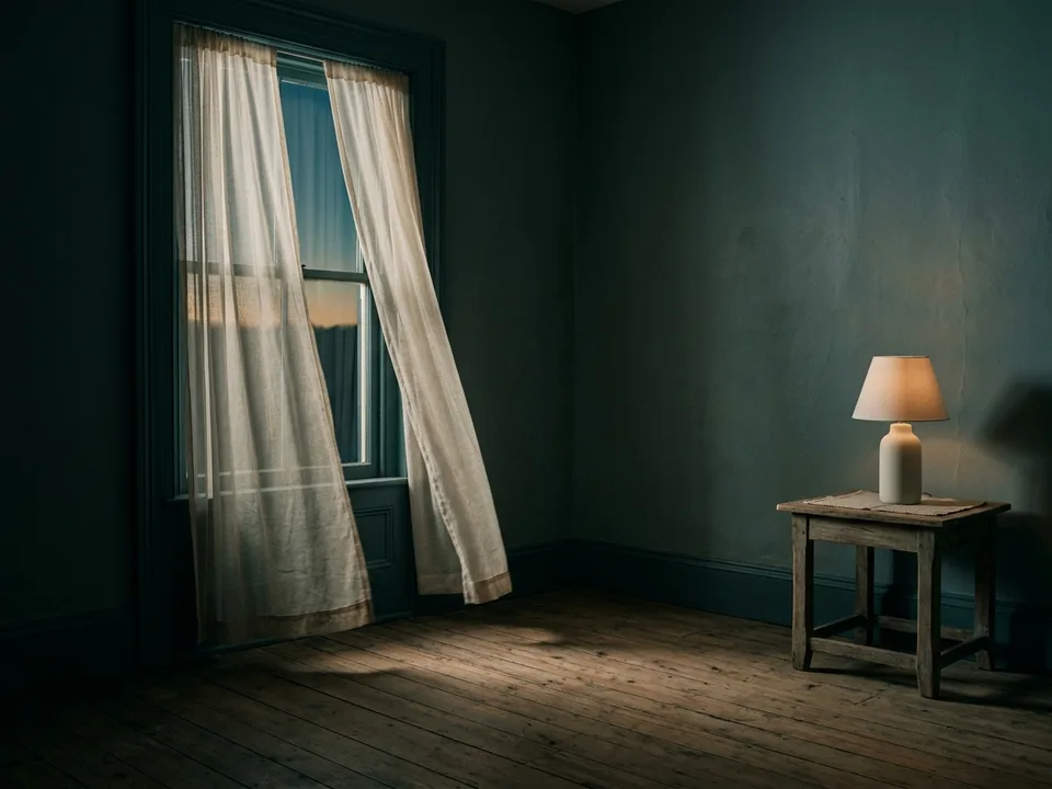 A tall window at dawn, sheer curtains and first light across an empty floor
