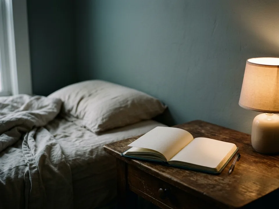 An open blank notebook and a pen on a bedside table at first light