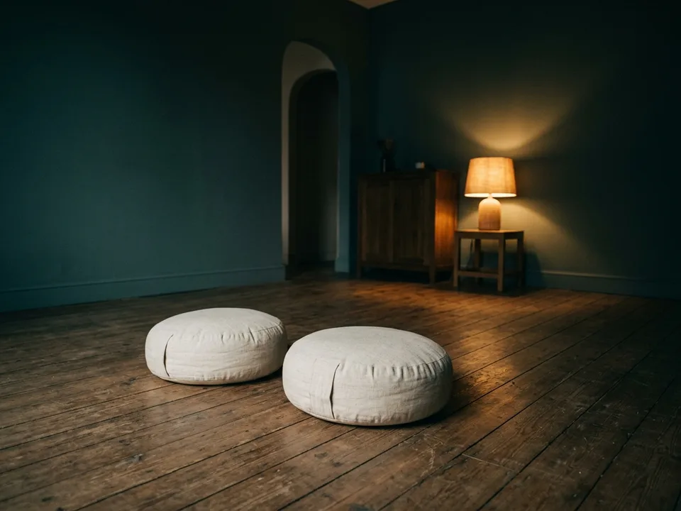 Two round meditation cushions on a bare wooden floor beside a low lamp