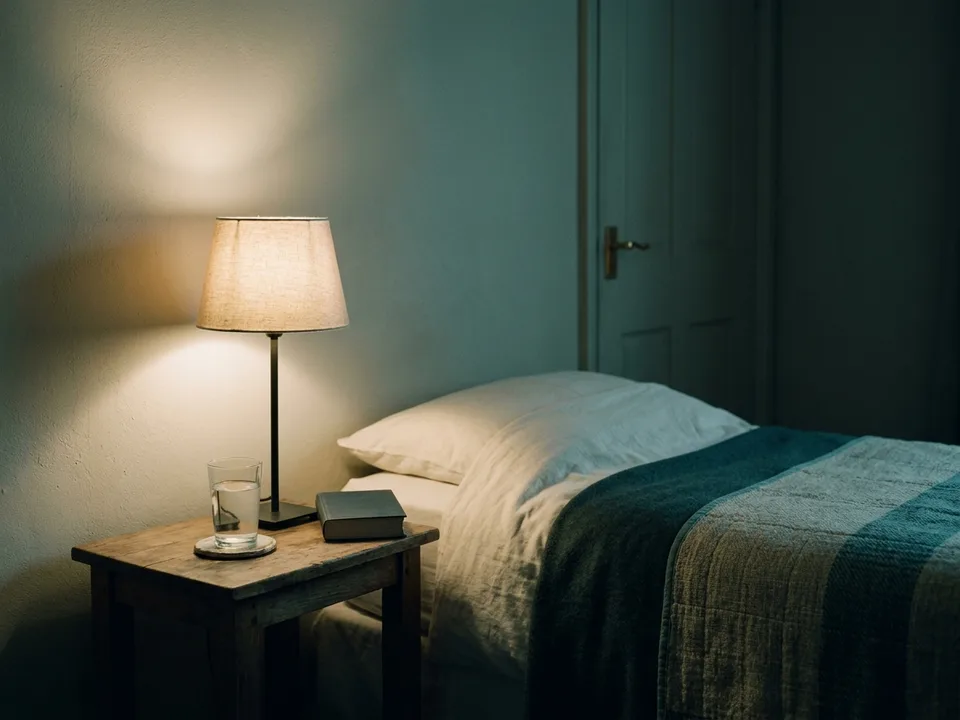 A bedside lamp lit beside a made bed at night, a glass of water on the table