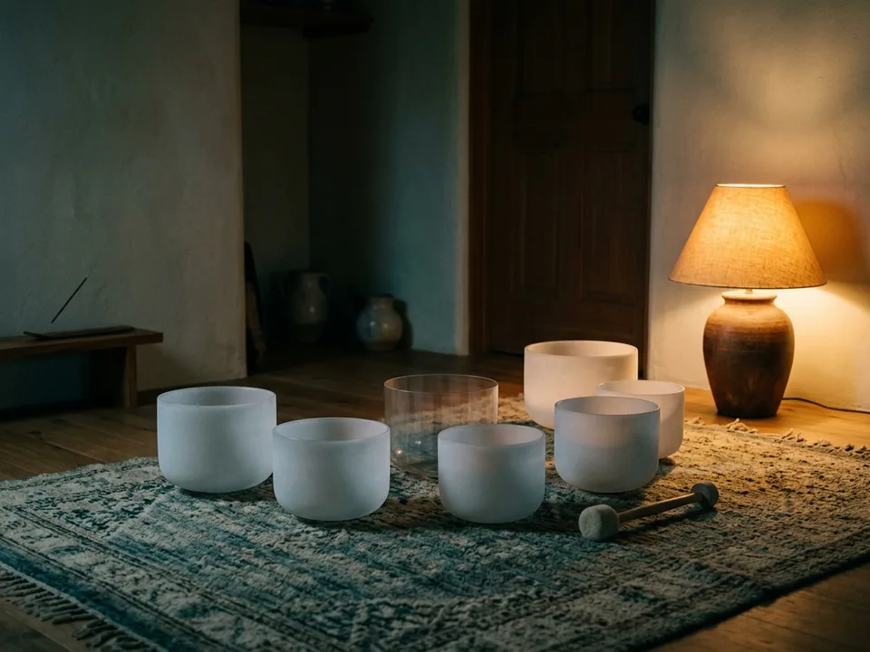 Crystal singing bowls and a mallet arranged on a rug in low lamplight