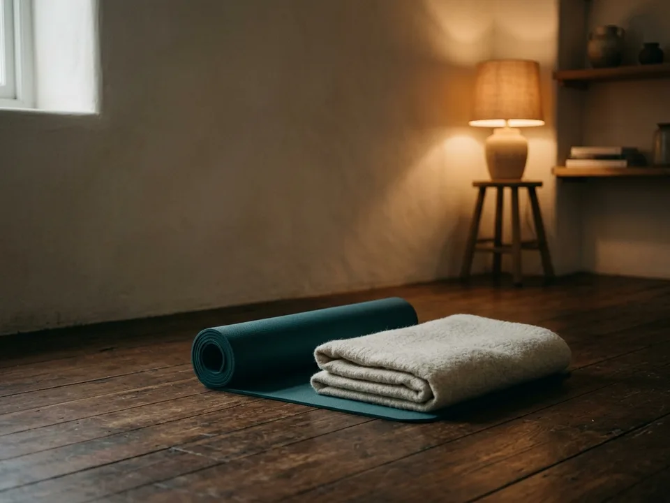 A rolled yoga mat and a folded blanket on a wooden floor in morning light