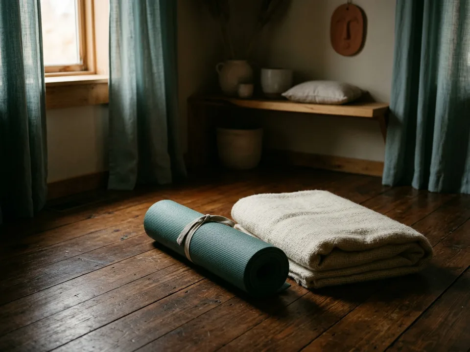A rolled yoga mat and a folded blanket on a wooden floor in morning light
