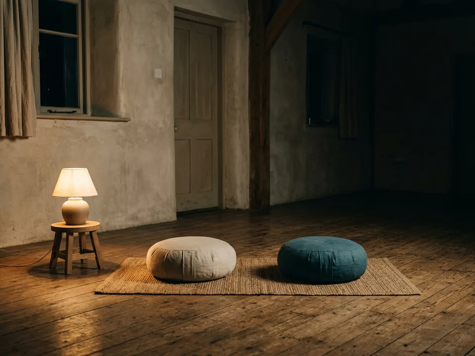 Two round meditation cushions on a bare wooden floor beside a low lamp