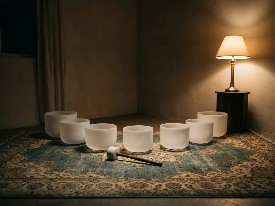 Crystal singing bowls and a mallet arranged on a rug in low lamplight