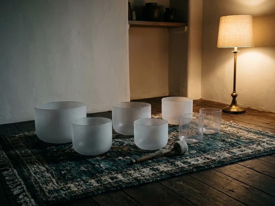 Crystal singing bowls and a mallet arranged on a rug in low lamplight