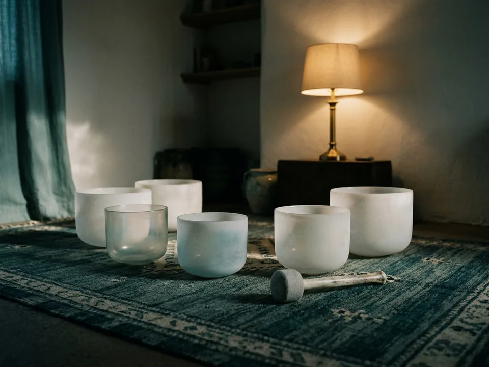 Crystal singing bowls and a mallet arranged on a rug in low lamplight