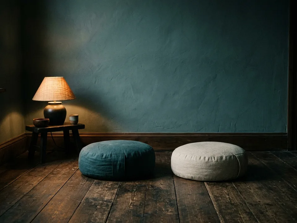 Two round meditation cushions on a bare wooden floor beside a low lamp