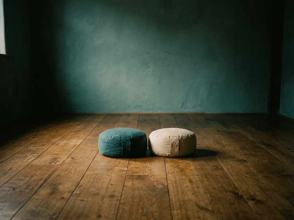 Two round meditation cushions on a bare wooden floor beside a low lamp
