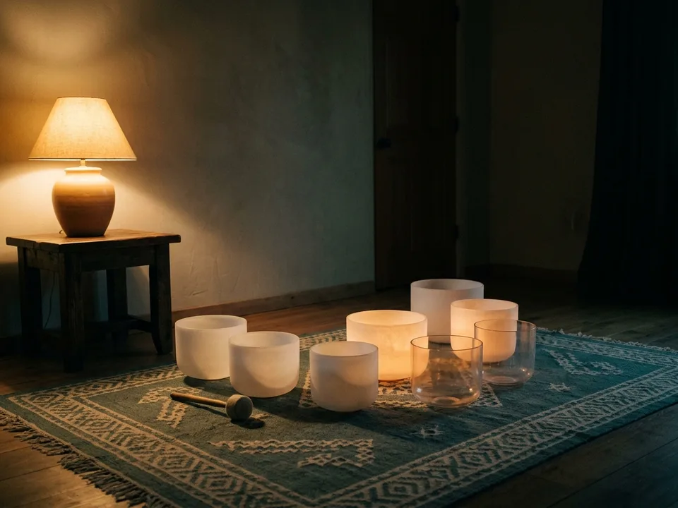Crystal singing bowls and a mallet arranged on a rug in low lamplight