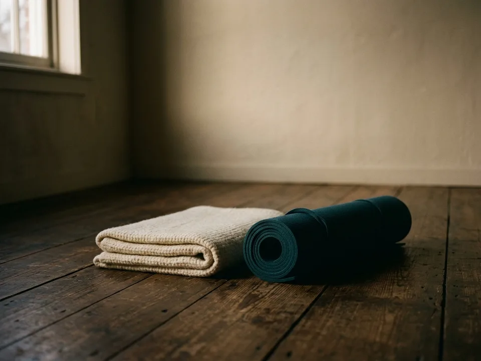 A rolled yoga mat and a folded blanket on a wooden floor in morning light