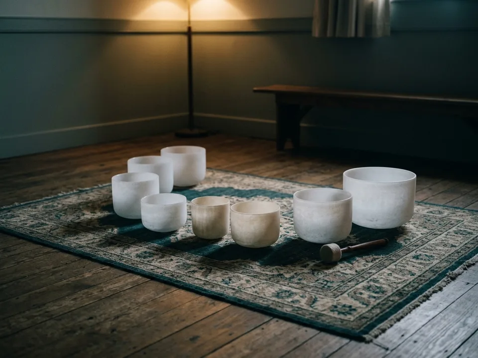 Crystal singing bowls and a mallet arranged on a rug in low lamplight