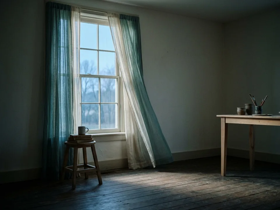 A tall window at dawn, sheer curtains and first light across an empty floor