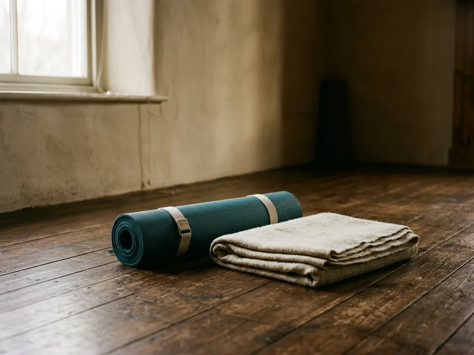 A rolled yoga mat and a folded blanket on a wooden floor in morning light