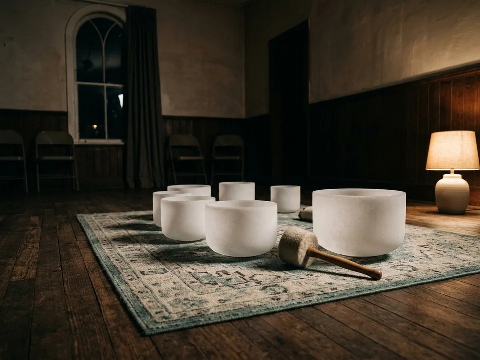 Crystal singing bowls and a mallet arranged on a rug in low lamplight