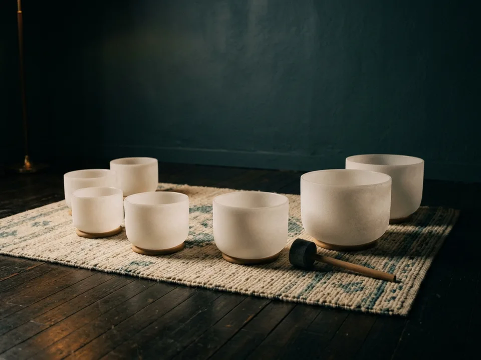 Crystal singing bowls and a mallet arranged on a rug in low lamplight