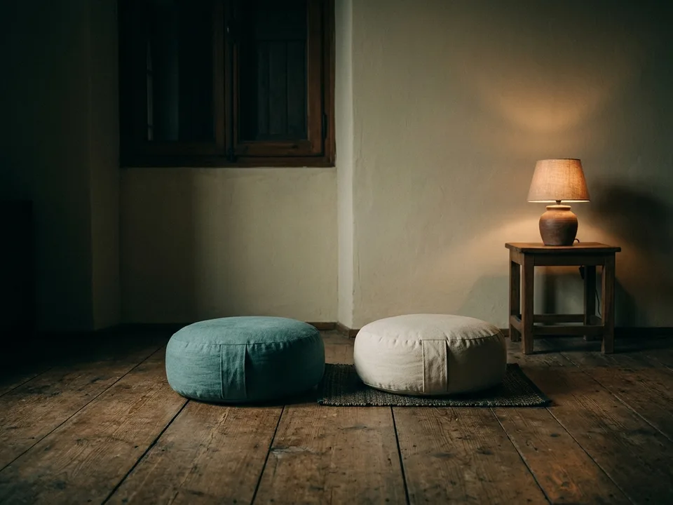Two round meditation cushions on a bare wooden floor beside a low lamp