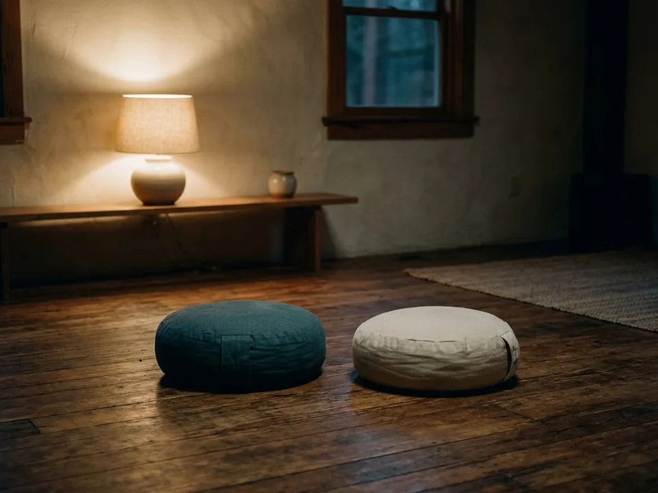 Two round meditation cushions on a bare wooden floor beside a low lamp
