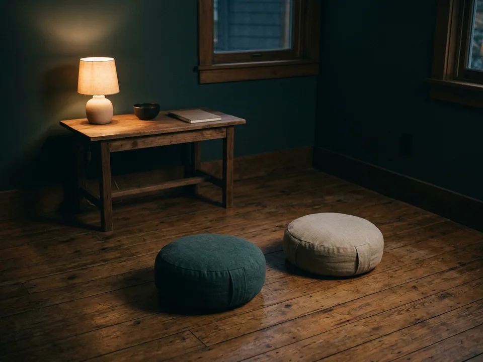 Two round meditation cushions on a bare wooden floor beside a low lamp