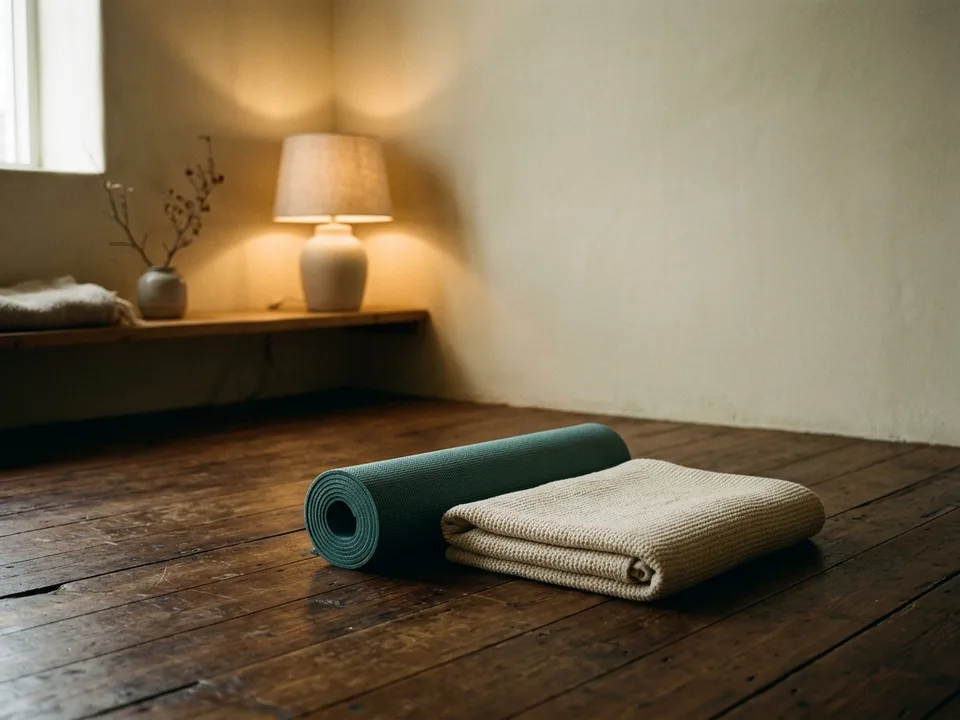 A rolled yoga mat and a folded blanket on a wooden floor in morning light