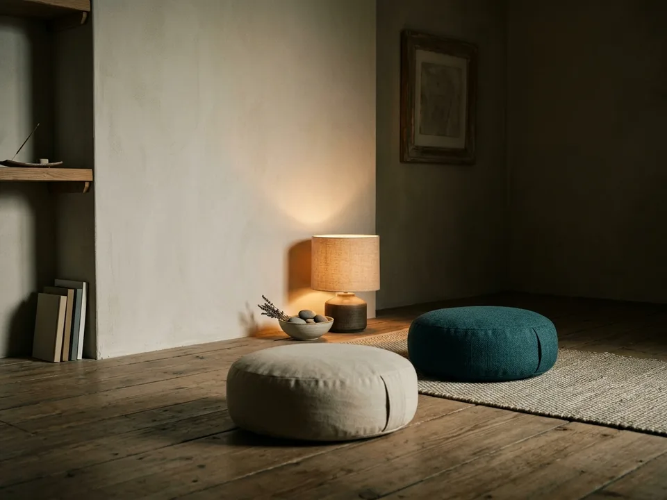 Two round meditation cushions on a bare wooden floor beside a low lamp