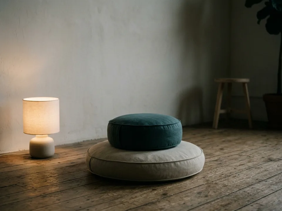 Two round meditation cushions on a bare wooden floor beside a low lamp