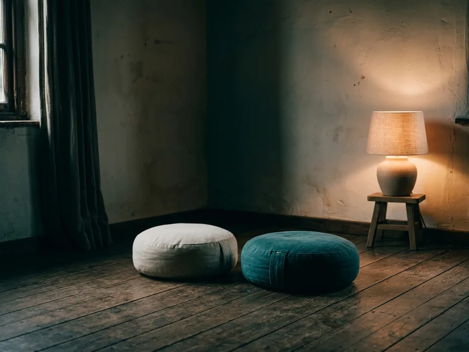 Two round meditation cushions on a bare wooden floor beside a low lamp