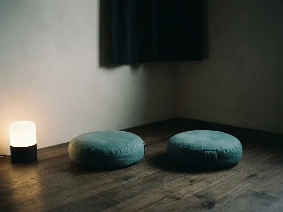 Two round meditation cushions on a bare wooden floor beside a low lamp