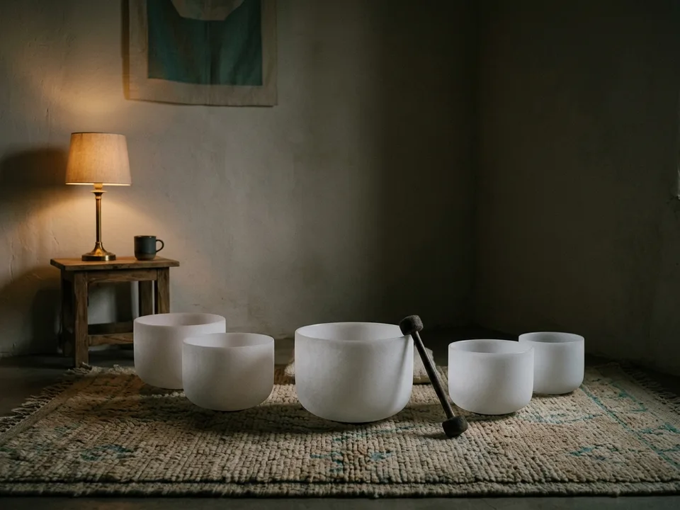 Crystal singing bowls and a mallet arranged on a rug in low lamplight