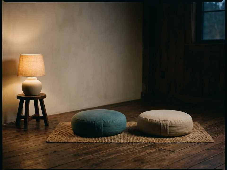 Two round meditation cushions on a bare wooden floor beside a low lamp