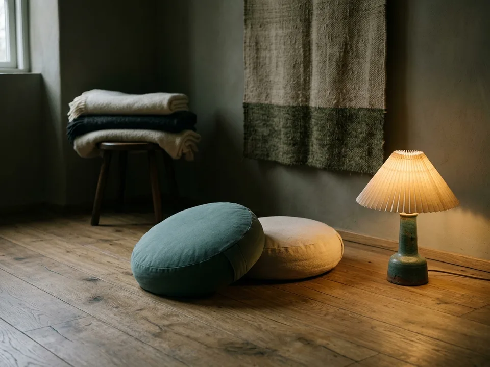 Two round meditation cushions on a bare wooden floor beside a low lamp