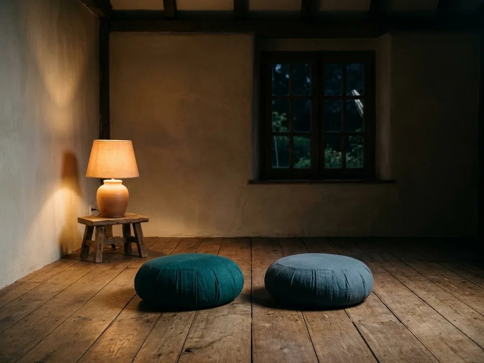 Two round meditation cushions on a bare wooden floor beside a low lamp