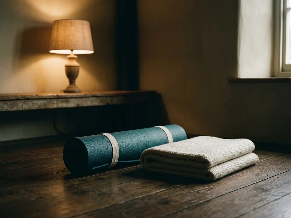 A rolled yoga mat and a folded blanket on a wooden floor in morning light