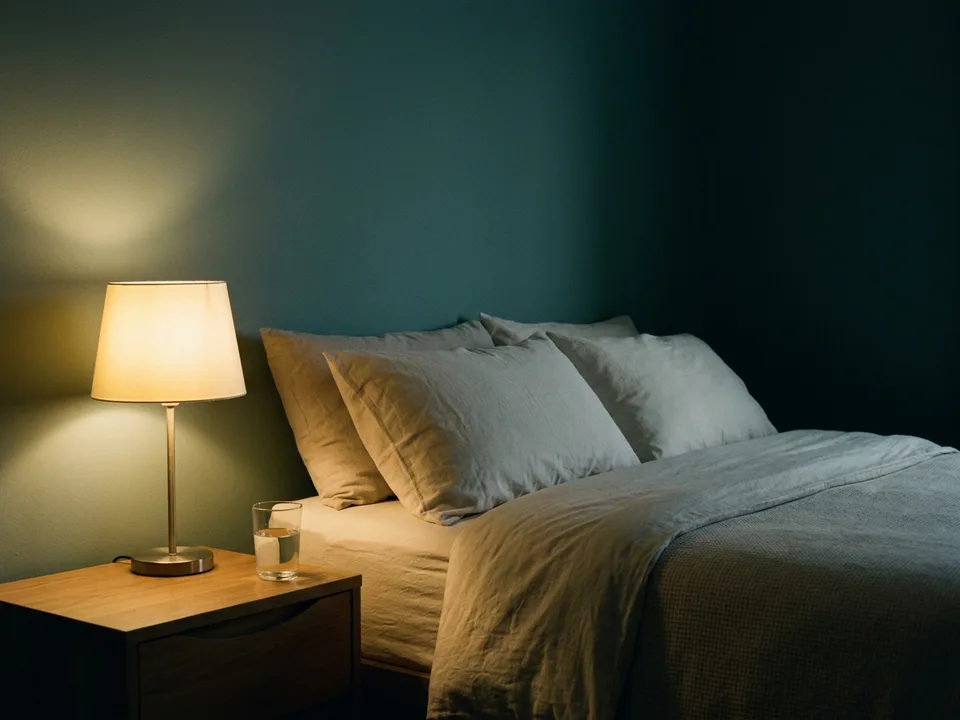 A bedside lamp lit beside a made bed at night, a glass of water on the table
