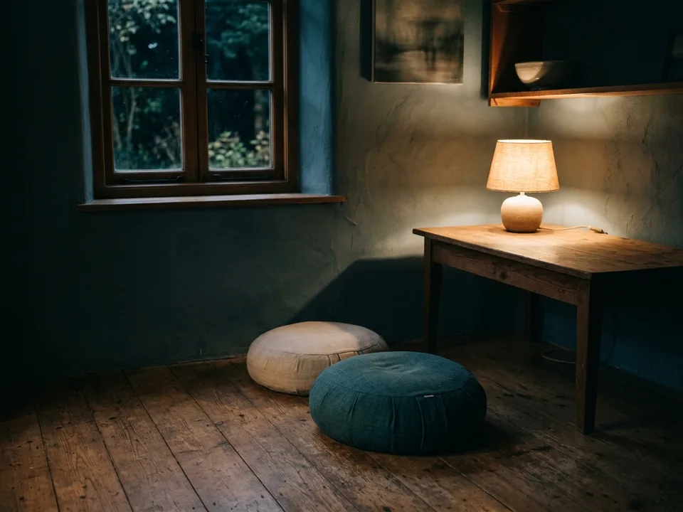 Two round meditation cushions on a bare wooden floor beside a low lamp