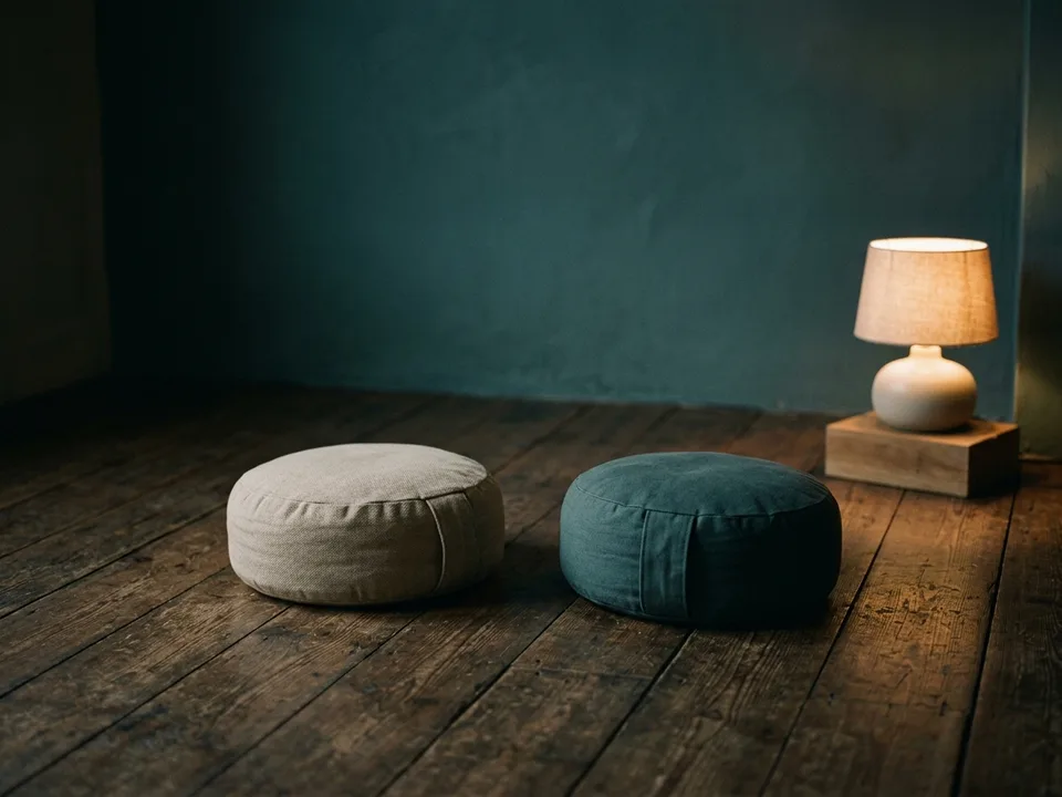 Two round meditation cushions on a bare wooden floor beside a low lamp