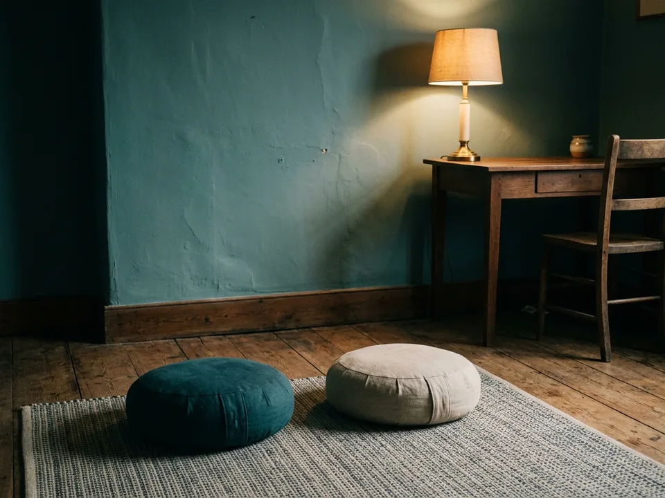 Two round meditation cushions on a bare wooden floor beside a low lamp