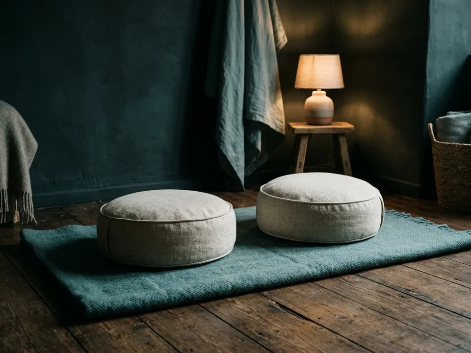 Two round meditation cushions on a bare wooden floor beside a low lamp
