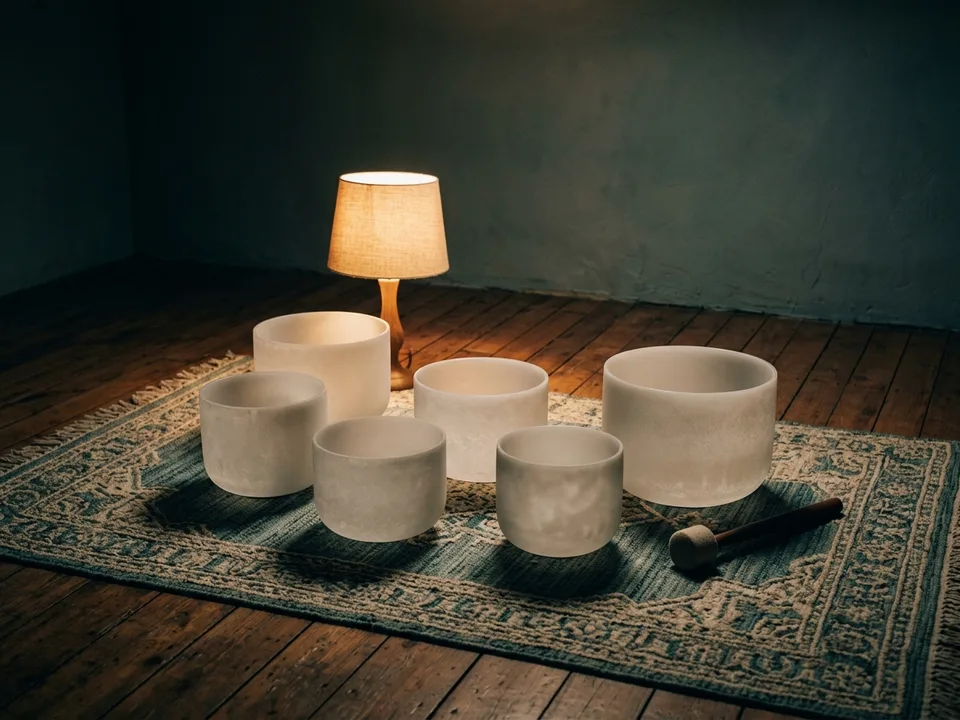 Crystal singing bowls and a mallet arranged on a rug in low lamplight