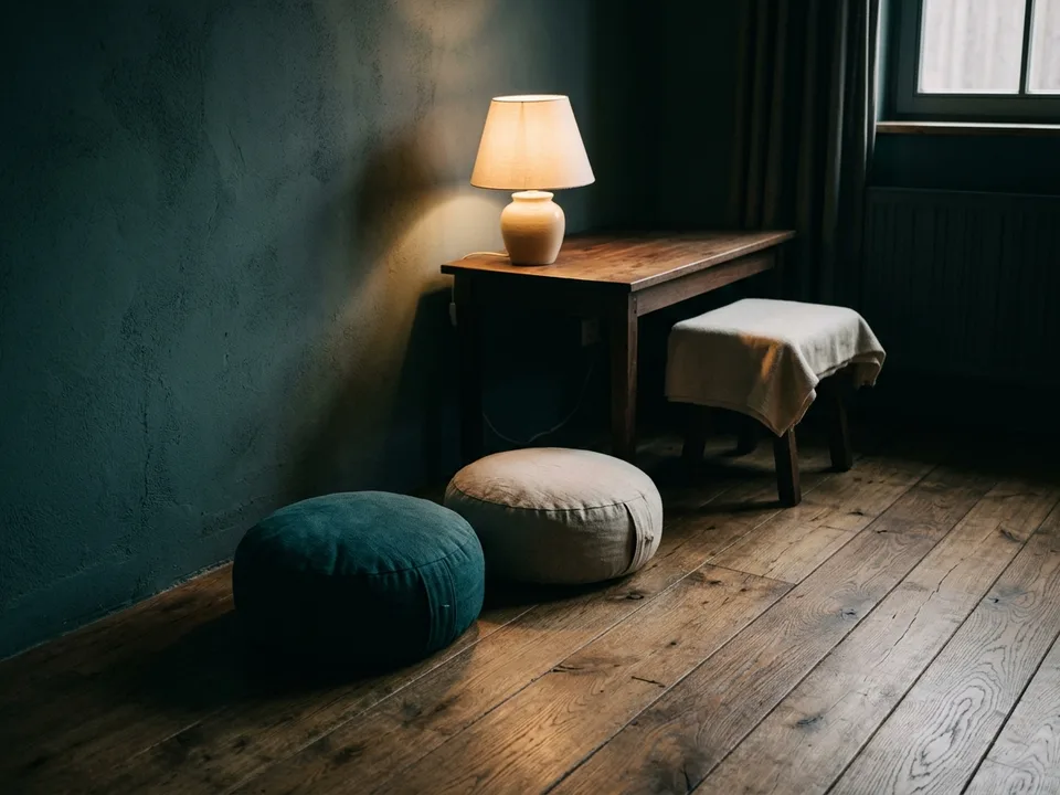 Two round meditation cushions on a bare wooden floor beside a low lamp