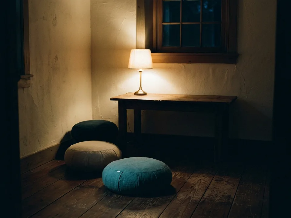 Two round meditation cushions on a bare wooden floor beside a low lamp