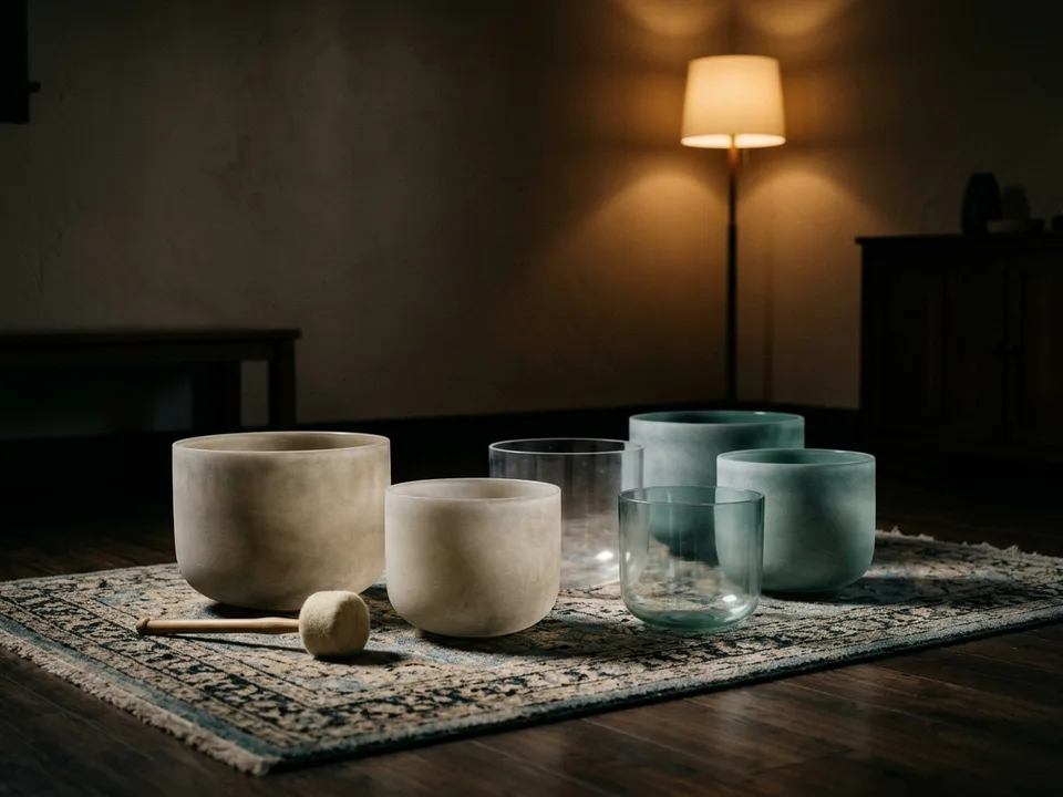 Crystal singing bowls and a mallet arranged on a rug in low lamplight