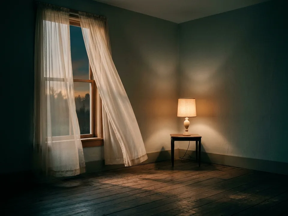A tall window at dawn, sheer curtains and first light across an empty floor